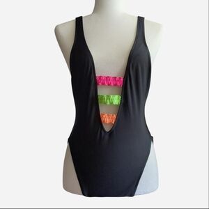 VINTAGE Barefoot Miss Black Plunge One-Piece Swimsuit w/ Neon Straps - Size M